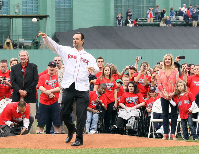  Former Red Sox Pitcher Tim Wakefield Throw Out A Ceremonial First Pitch
