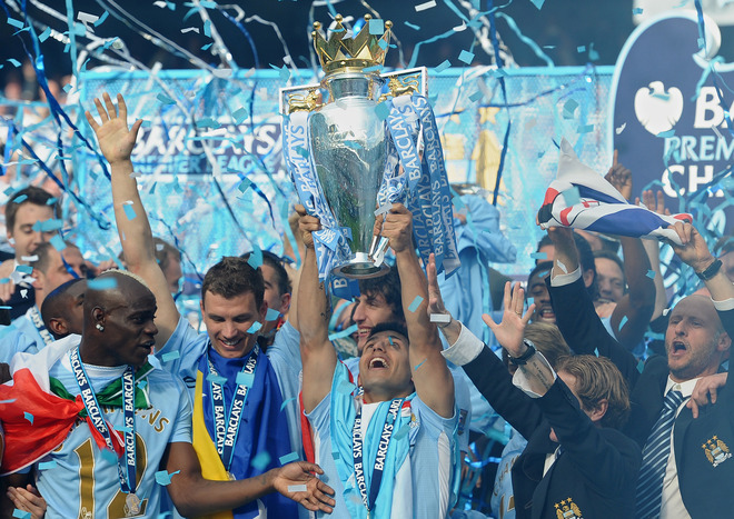 Manchester City's Argentinian Striker Sergio Aguero Lifts The Premier League Trophy 

RESTRICTED TO EDITORIAL USE. No