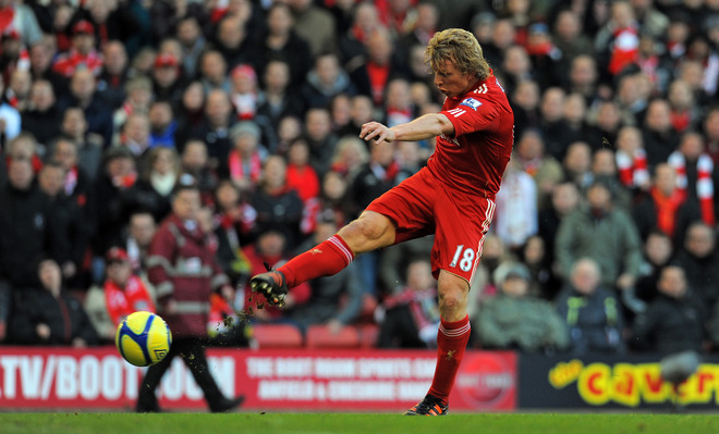 Liverpool's Dutch Striker Dirk Kuyt Scores Their Winning Goal   RESTRICTED TO EDITORIAL USE. No Use With Unauthorized