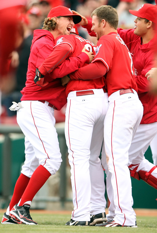   Mike Leake #44 (left) And Zack Cozart #2 (right)  Celebrate With Chris Heisey #28 Of The Cincinnati Reds