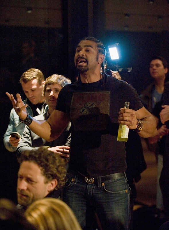   David Haye Of Great Britain Interrupts Speakers On Stage Leading To A Brawl Between Himself And Dereck Chisora Of