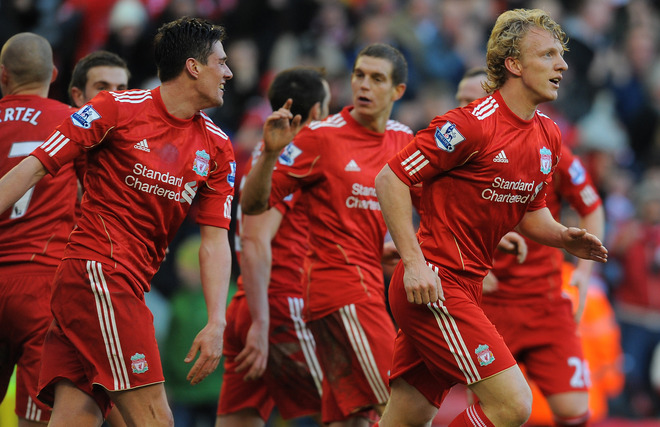 Liverpool's Dutch Striker Dirk Kuyt (R) Celebrates Scoring Their Winning Goal   RESTRICTED TO EDITORIAL USE. No Use