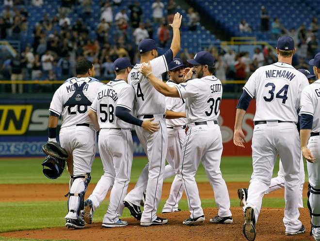   Pitcher David Price #14 Of The Tampa Bay Rays Celebrates His Complete Game Shutout Against The Los Angeles Angels Of