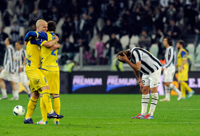   Alessandro Matri (R) Of Juventus FC Looks Dejected As Michael Bradley #8 And Nicolas Frey #21 Of AC Chievo Verona