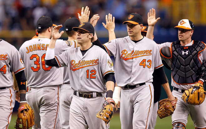   The Baltimore Orioles Celebrate Their Victory Over The Tampa Bay Rays At Tropicana Field On June 2, 2012 In St.
