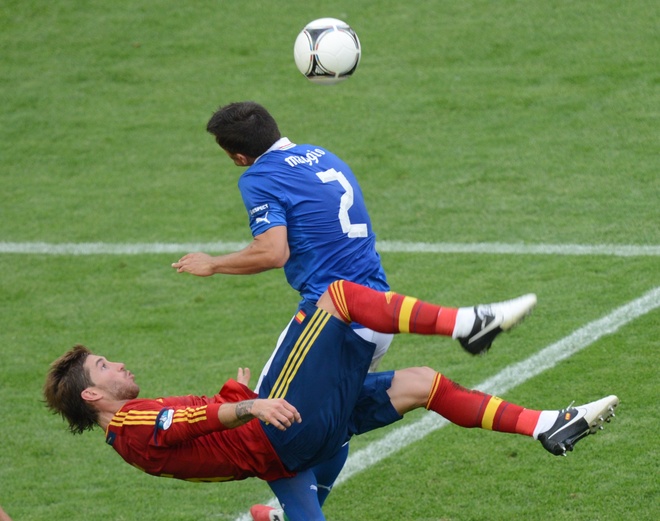 Spanish Defender Sergio Ramos (L) Vies