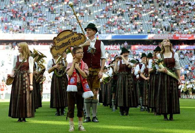 Bavarian Brass Musicians Perform Ahead Of The German First Division Bundesliga Football Match FC Bayern Munich Vs VfB