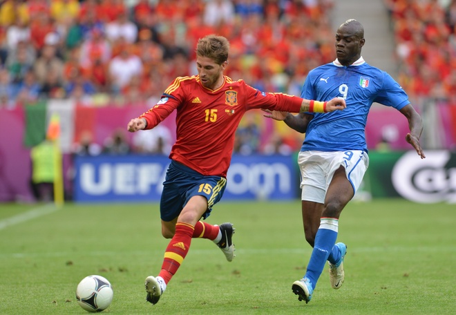 Spanish Defender Sergio Ramos (L) Vies