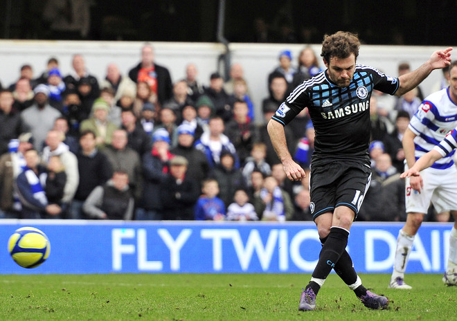 Chelsea's Spanish Midfielder Juan Mata Scores The Opening Goal From The Penalty Spot 