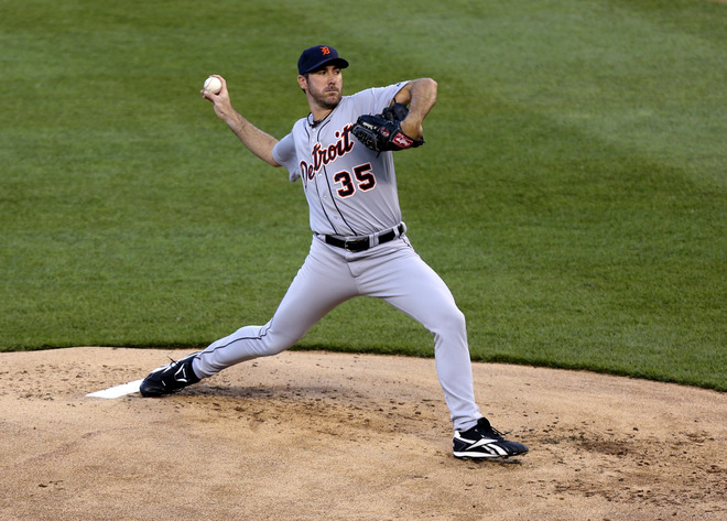   Justin Verlander #35 Of The Detroit Tigers Pitches