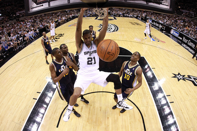   Tim Duncan #21 Of The San Antonio Spurs Gets