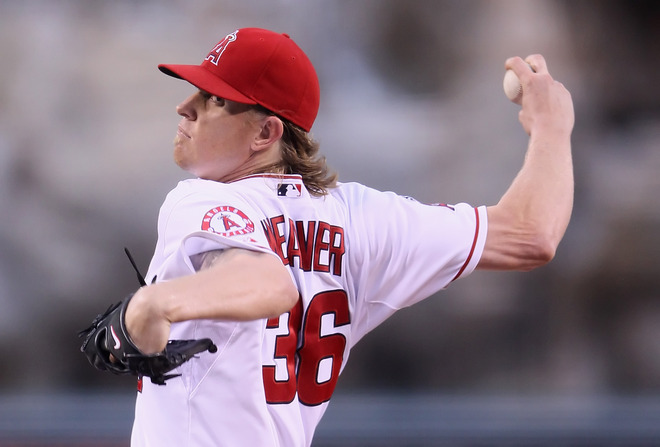   Jered Weaver #36 Of The Los Angeles Angels Of Anaheim Pitches