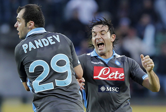 Napoli's Goran Pandev (L) Celebrates Together Teammate Salvatore Aronica Of Uruguay AFP PHOTO / FABIO MUZZI