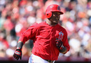 TEMPE, AZ - MARCH 10: Erick Aybar #2 of the Los Angeles Angels of Anaheim runs to first base after hitting a single against the San Francisco Giants during the third inning of the spring training game at Tempe Diablo Stadium on March 10, 2012 in Tempe, Arizona. (Photo by Christian Petersen/Getty Images)