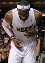 MIAMI, FL - JANUARY 27: LeBron James #6 of the Miami Heat reacts to jamming his finger during a game against the New York Knicks at American Airlines Arena on January 27, 2012 in Miami, Florida. NOTE TO USER: User expressly acknowledges and agrees that, by downloading and/or using this Photograph, User is consenting to the terms and conditions of the Getty Images License Agreement. (Photo by Mike Ehrmann/Getty Images)