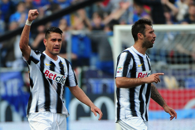 Juventus' Forward Marco Borriello (L) Celebrates