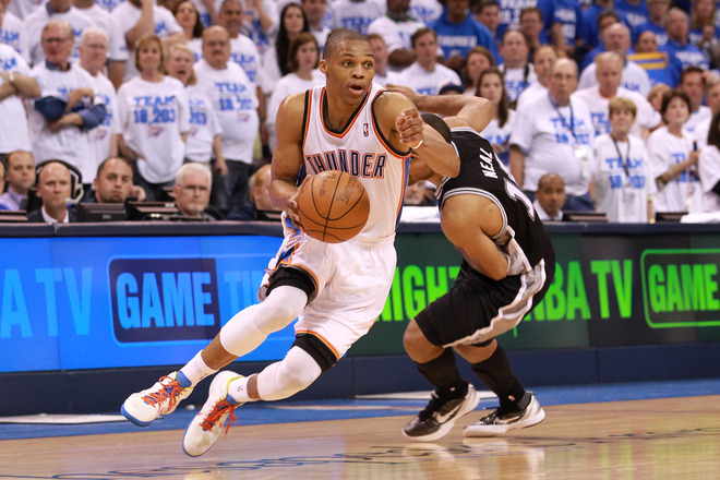   Russell Westbrook #0 Of The Oklahoma City Thunder Drives