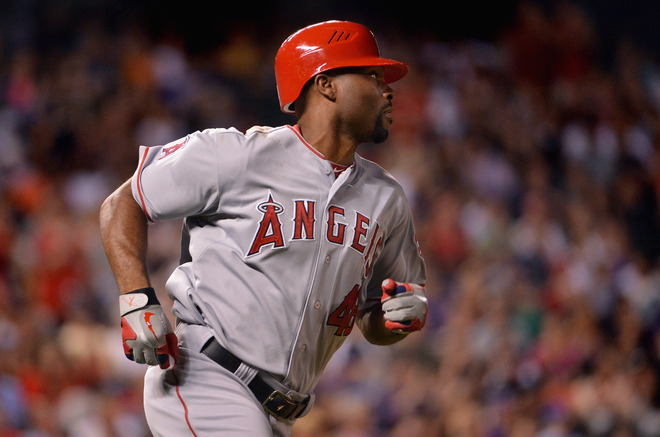   Torii Hunter #48 Of The Los Angeles Angels Heads For First Base With A Two RBI Single In The Ninth Inning Against The