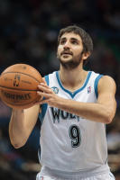 Dec 11, 2013; Minneapolis, MN, USA; Minnesota Timberwolves point guard Ricky Rubio (9) shoots in the third quarter against the Philadelphia 76ers at Target Center. The Minnesota Timberwolves win 106-99. (Brad Rempel-USA TODAY Sports)