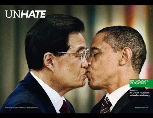 World leaders are shown kissing in Benettons Unhate ad campaign promoting tolerance. The digitally manipulated images, U.S. President Barack Obama and China&#39;s President Hu Jintao in this one, are part of a new campaign by Benetton Group, known for their controversial ads. (Photo credit: Fabrica)