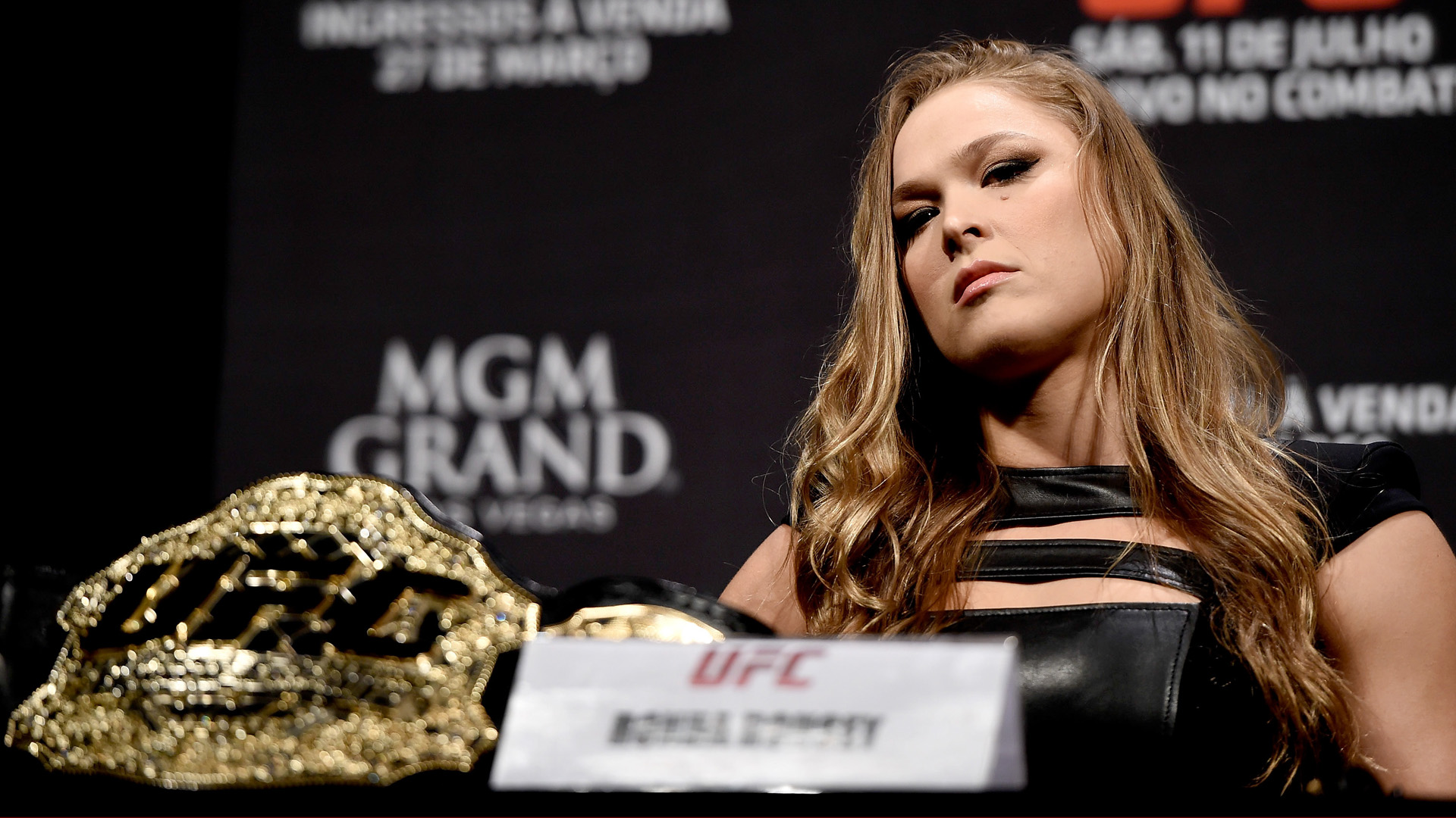 UFC star Ronda Rousey looks on during a press conference. (Getty)