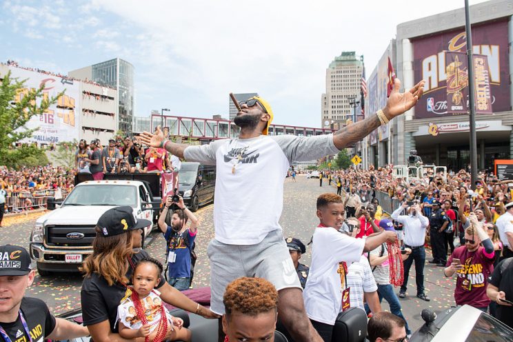 LeBron James celebrates during the Cleveland Cavaliers' 2016 NBA championship victory parade and rally. (Jason Miller/Getty Images)