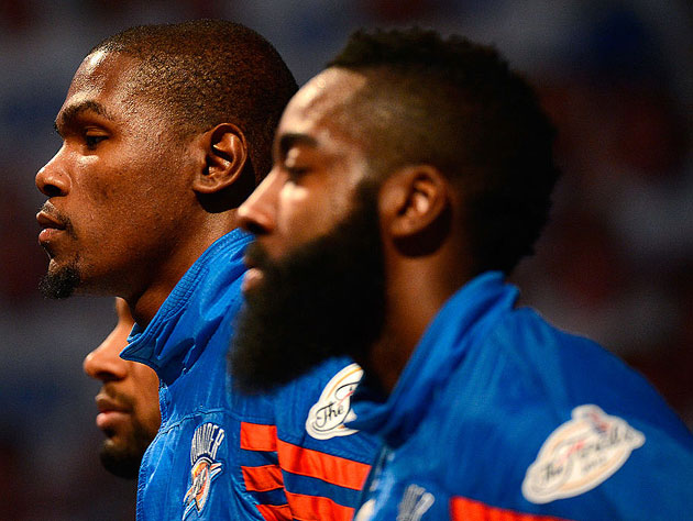 Kevin Durant and James Harden line up. (Getty Images)