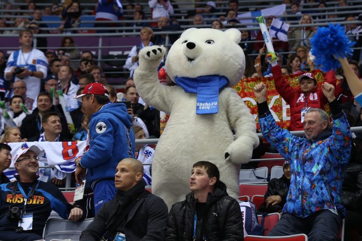 SOCHI, RUSSIA - FEBRUARY 22: The Polar Bear mascot cheers in the crowd during the Men's Ice Hockey Bronze Medal Game between Finland and the United States on Day 15 of the 2014 Sochi Winter Olympics at Bolshoy Ice Dome on February 22, 2014 in Sochi, Russia. (Photo by Bruce Bennett/Getty Images) 