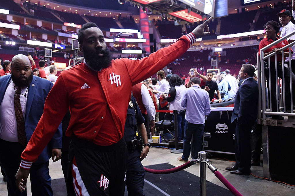 James Harden addresses his adoring fans as he leaves the court. (Stacy Revere/Getty Images)
