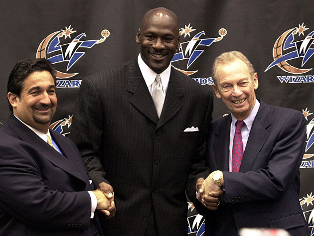 Ted Leonsis, Jordan and Pollin celebrate MJ's 2000 hiring. (Getty Images)