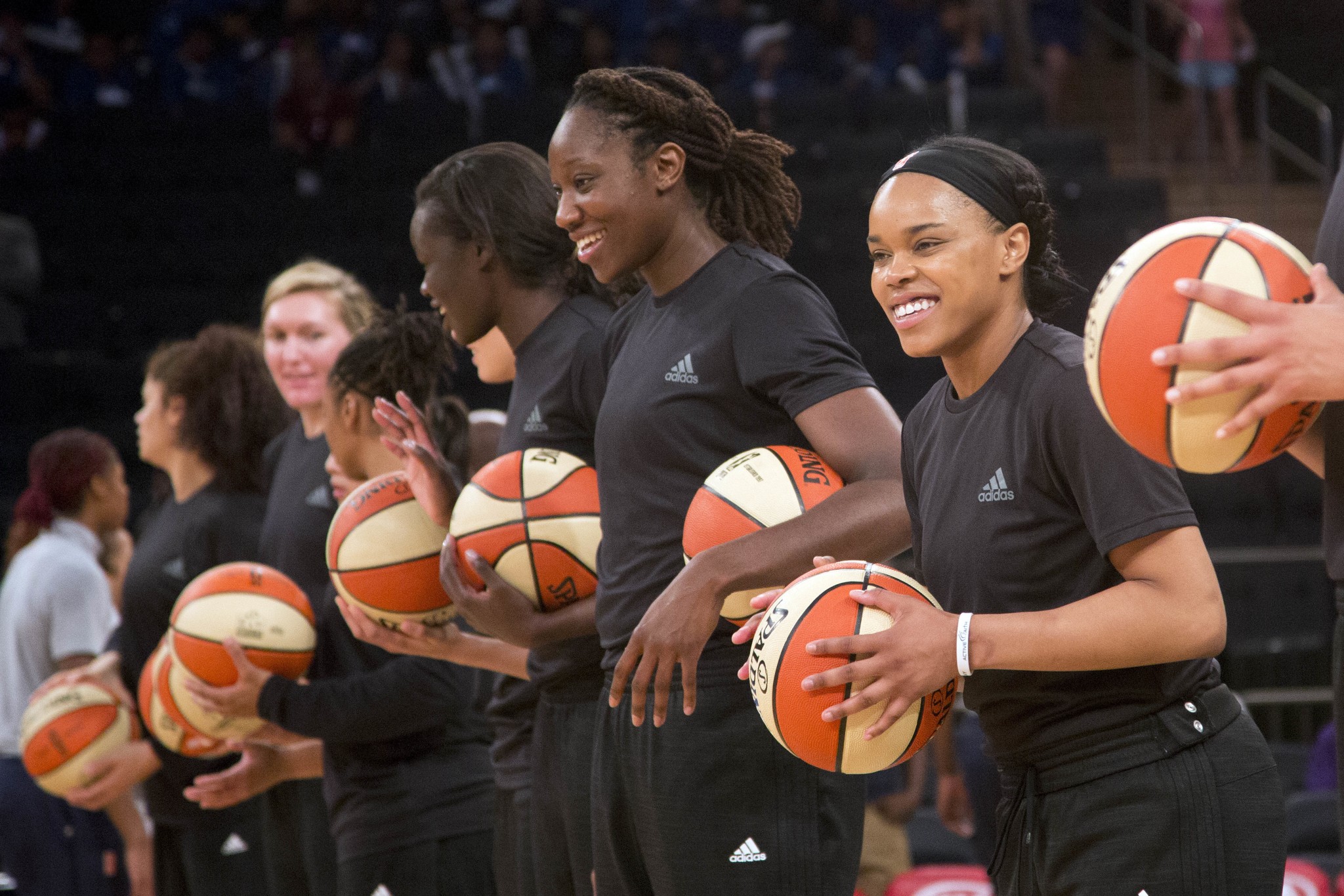 Members of the New York Liberty await the start of a game against the Atlanta Dream on July 13, 2016. (AP/Mark Lennihan, File)