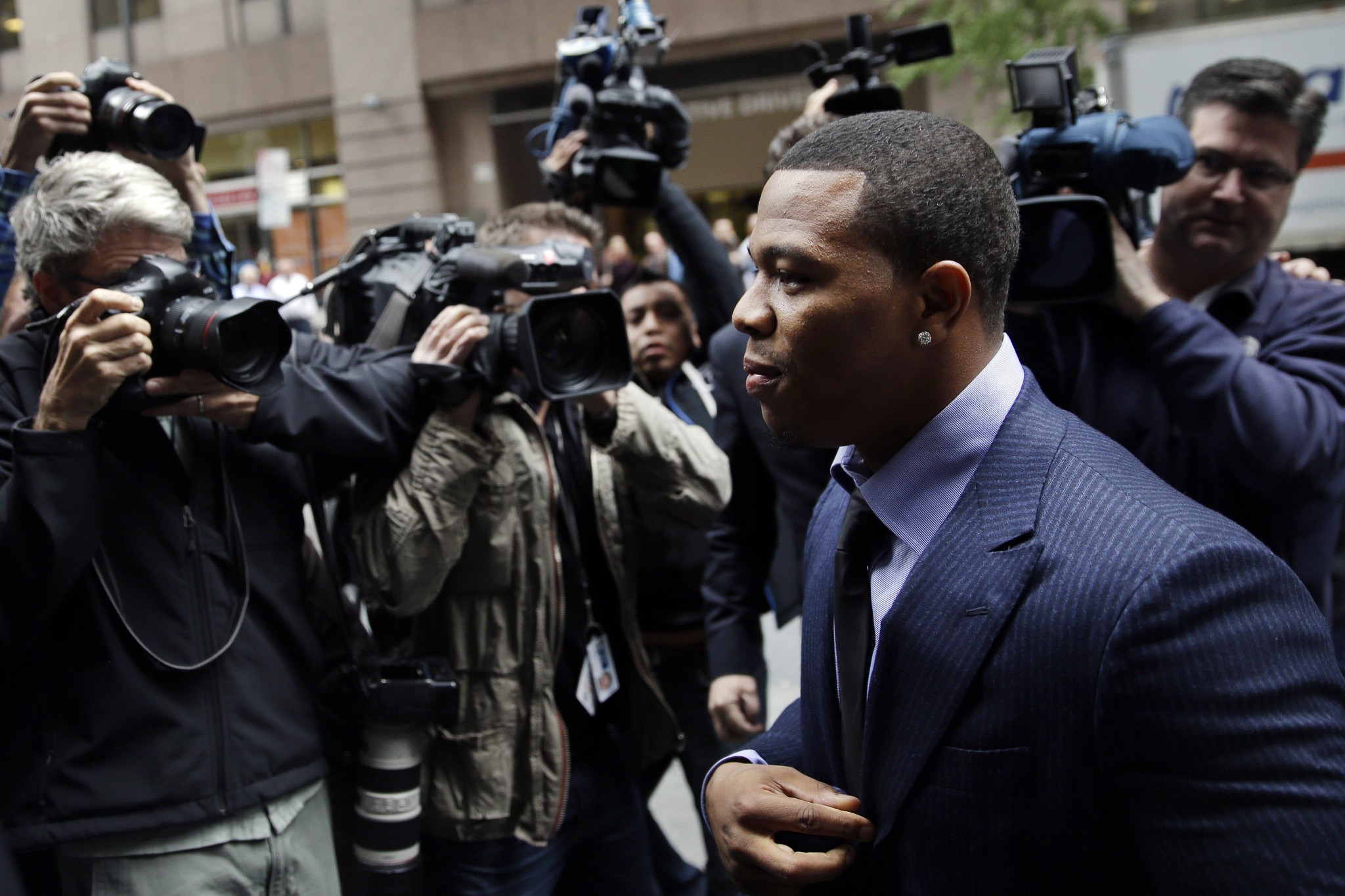 Ray Rice arrives for an appeal hearing of his indefinite suspension from the NFL, Wednesday, Nov. 5, 2014, in New York. (AP Photo/Seth Wenig)