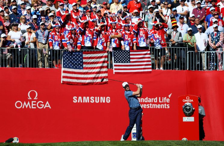 American fans look on as Danny Willett tees off at the Ryder Cup. (Getty Images)