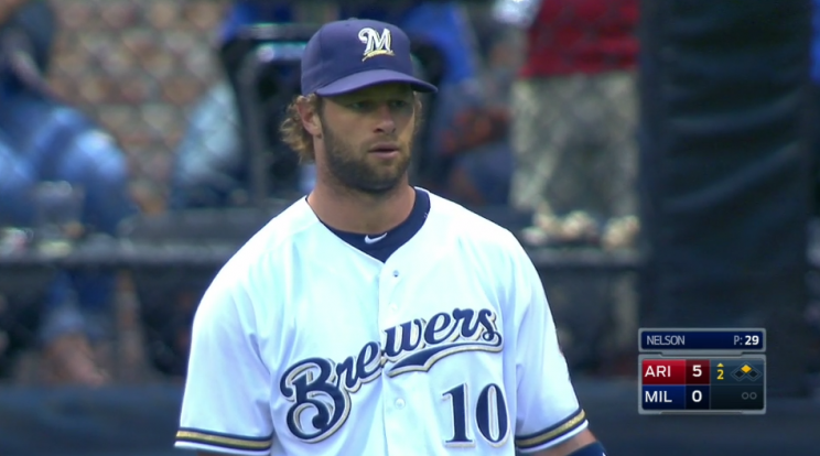 Kirk Nieuwenhuis after committing his second of three errors during the Brewers - Diamondbacks game on July 27, 2016.