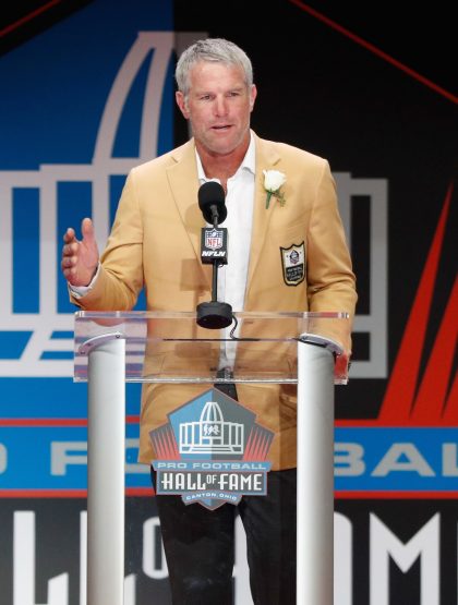 Brett Favre made them laugh and cry at his Pro Football Hall of Fame induction ceremony (Getty Images).