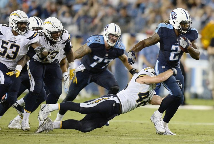 Derrick Henry, running in his Titans preseason debut with a No. 2 jersey (AP)