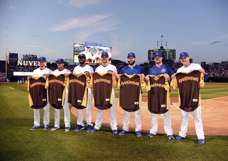 CHICAGO, IL - JULY 7: (L-R) Chicago Cubs National League All Stars, Ben Zobrist #18, Addison Russell #27, Dexter Fowler #24, Kris Bryant #17, Jake Arrieta #49, Jon Lester #34 and Anthony Rizzo #44 pose for a photo with their All Star jersey's before the game against the Atlanta Braves on July 7, 2016 at Wrigley Field in Chicago, Illinois. (Photo by David Banks/Getty Images)