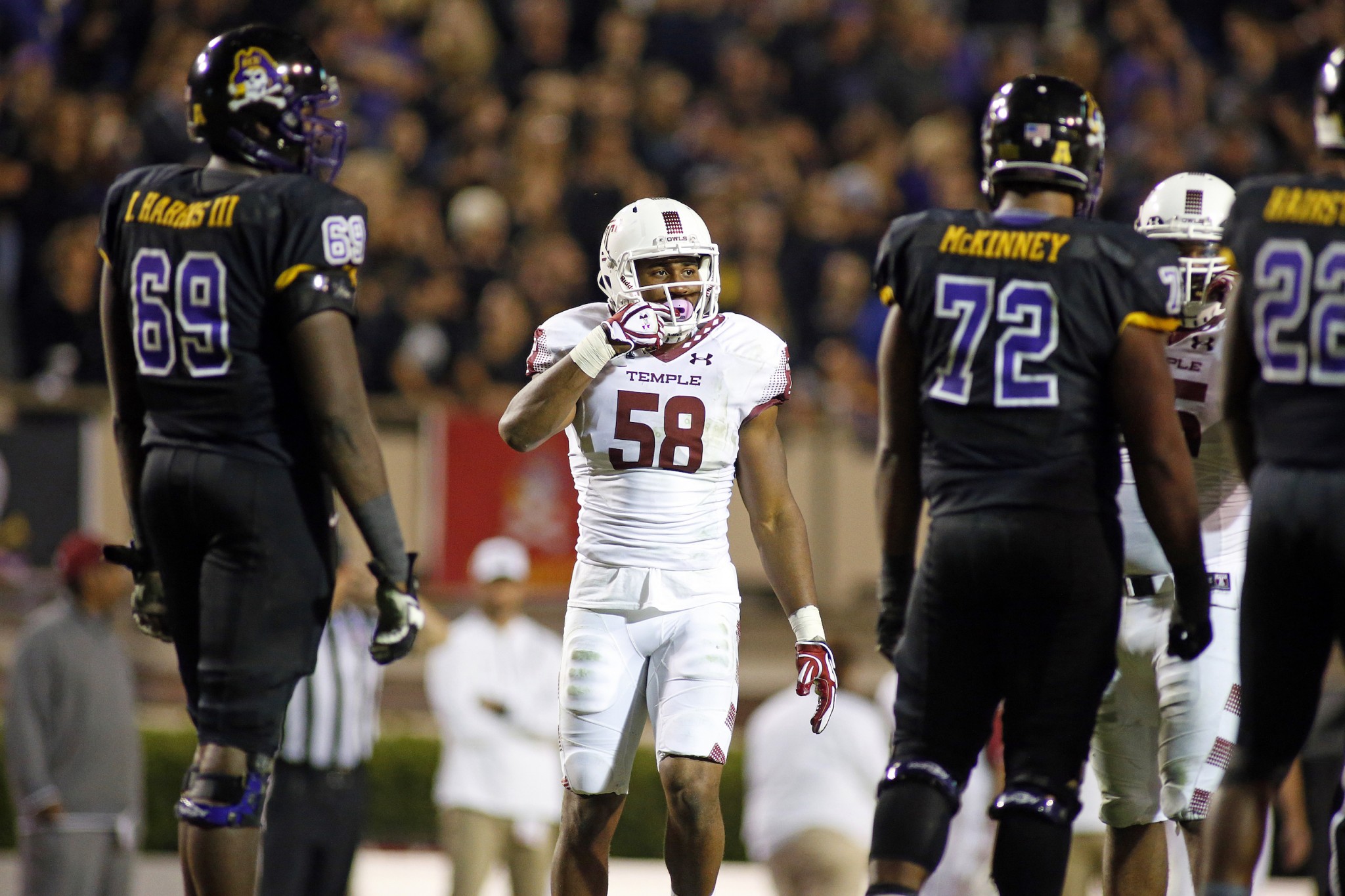 Temple's Haason Reddick (58) during the second half of an NCAA college football game against East Carolina in Greenville, N.C., Thursday, Oct. 22, 2015. (AP Photo/Karl B DeBlaker)