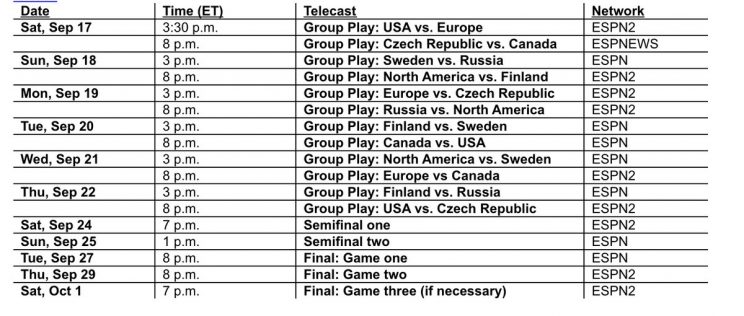 Screen shot of World Cup of Hockey broadcast schedule.