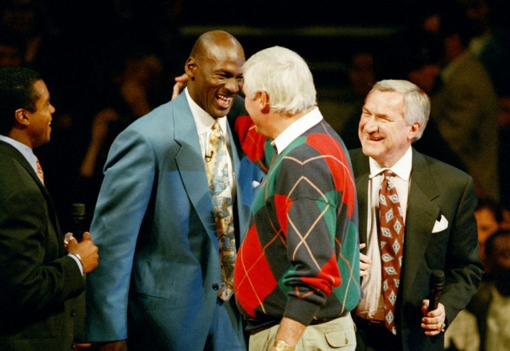 Michael Jordan and Bobby Knight have a grand old time. (AP Photo/John Zich)