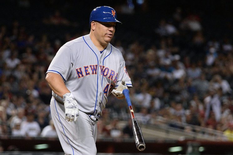 PHOENIX, AZ - AUGUST 15: Bartolo Colon #40 of the New York Mets is walked in the fourth inning by Robbie Ray #38 of the Arizona Diamondbacks (not pictured) at Chase Field on August 15, 2016 in Phoenix, Arizona. (Photo by Jennifer Stewart/Getty Images)