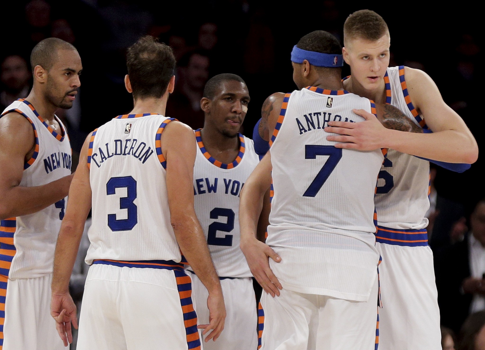 Carmelo Anthony so appreciates his teammates that he's not even mad Kristaps Porzingis is doing too much. (AP/Julie Jacobson)