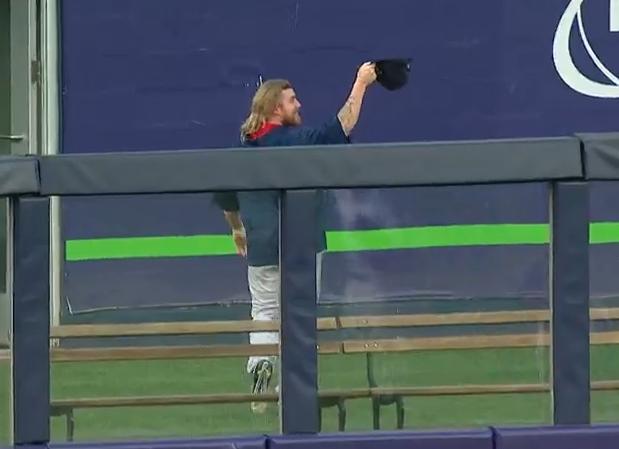 Robbie Ross Jr. makes another great hat grab in the bullpen. (MLB screen grab)
