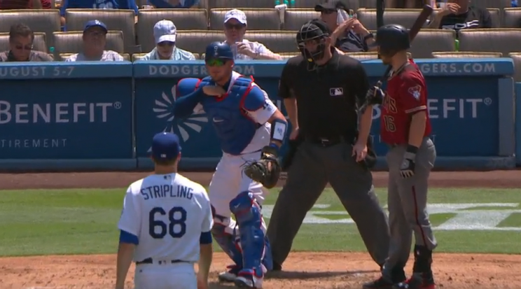 Yasmani Grandal finds the baseball inside his chest protector.
