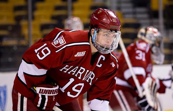 BOSTON, MA - FEBRUARY 1: Jimmy Vesey #19 of the Harvard Crimson warms up prior to NCAA hockey in the semifinals of the annual Beanpot Hockey Tournament against the Boston College Eagles at TD Garden on February 1, 2016 in Boston, Massachusetts. The Eagles won 3-2. (Photo by Richard T Gagnon/Getty Images) *** Local Caption *** Jimmy Vesey