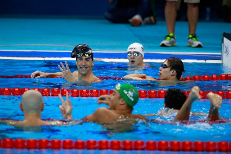 Michael Phelps reacts to his three-way tie for a silver medal (Getty)