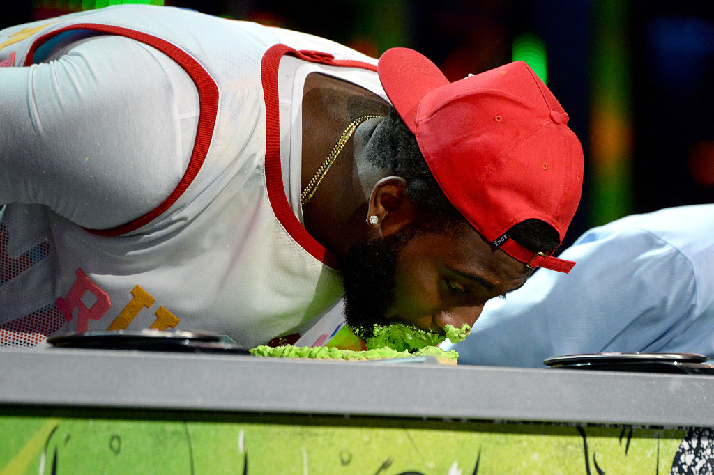 Andre Drummond hasn't had this much pie on his face since the Nickelodeon Kids' Choice Sports Awards. (Kevin Mazur/Getty Images)