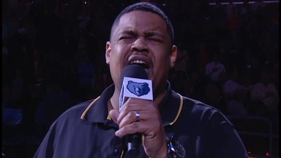 Rick Trotter sings the National Anthem during a 2016 Memphis Grizzlies game. (Image via NBA.com)