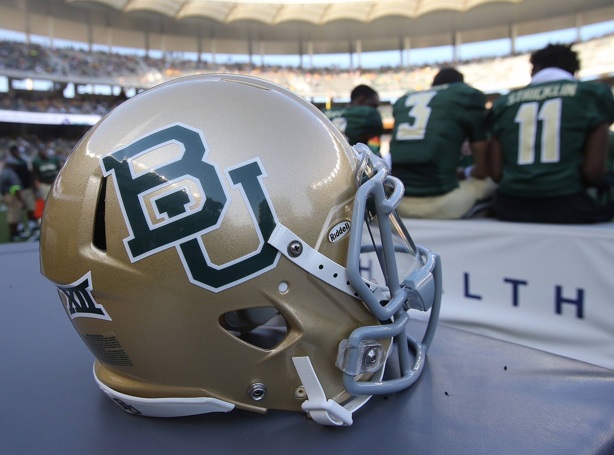 Baylor football helmet on the sidelines during their game with Rice at an NCAA college football game, Saturday, Sept. 26, 2015, in Waco, Texas. (AP Photo/Rod Aydelotte)