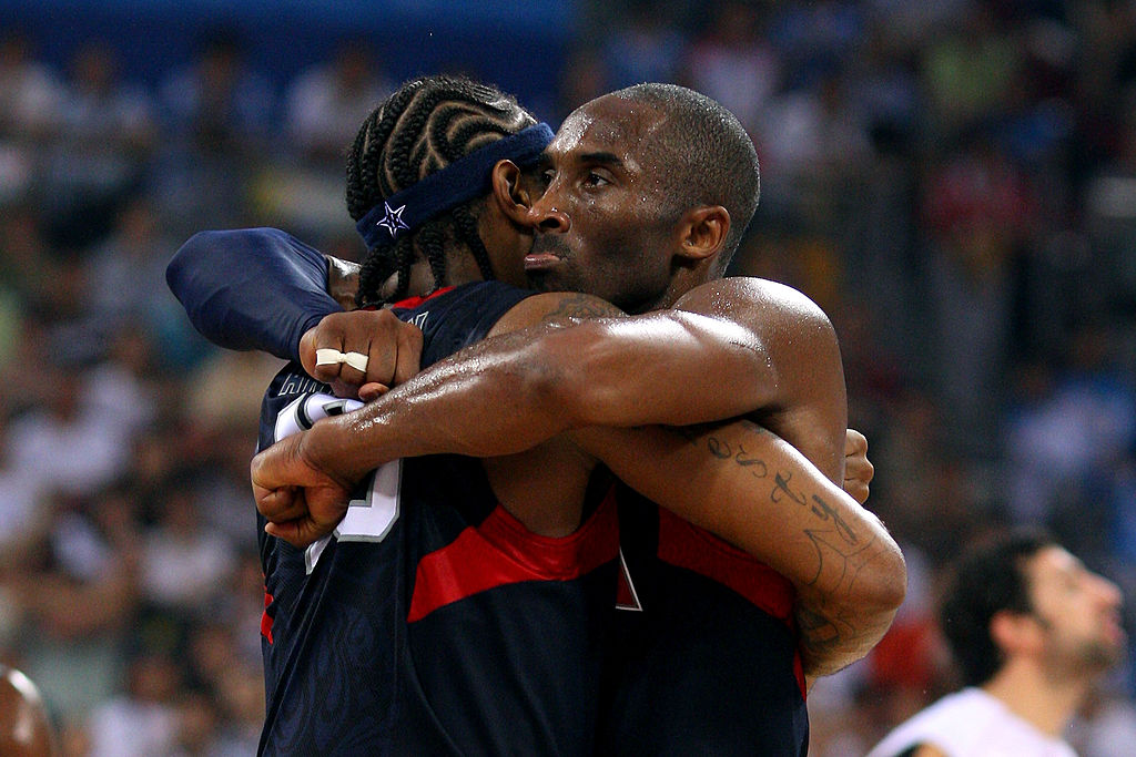 Kobe Bryant and Carmelo Anthony embrace in 2008. (Phil Walter/Getty Images)